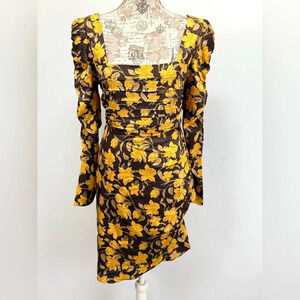 FLORET STUDIOS Brown & yellow floral puff sleeve ruched skirt mini dress size L